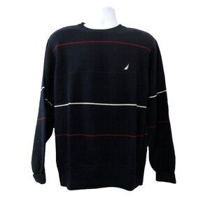 Nautica Sweater Mens Sz Large Navy Blue Striped Medium Weight Long Sleeve Cotton